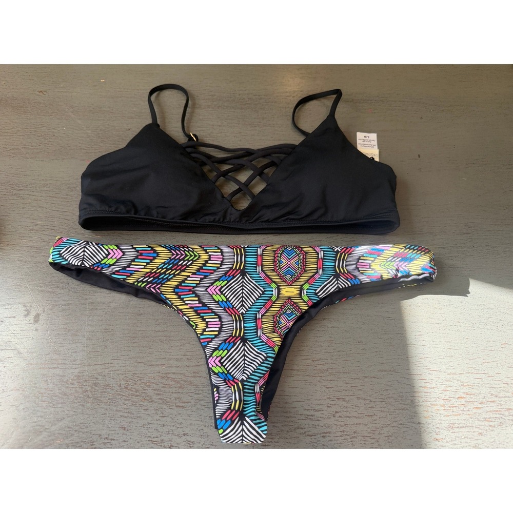 L Space Black Lattice Top Geometric Itsy Cut Bikini Set Large NWOT